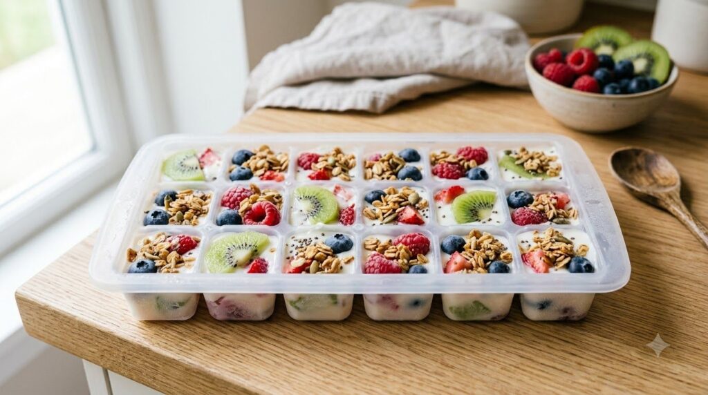 Colorful frozen yogurt bites in an ice cube tray topped with fresh berries kiwi slices and granola The yogurt bites have
