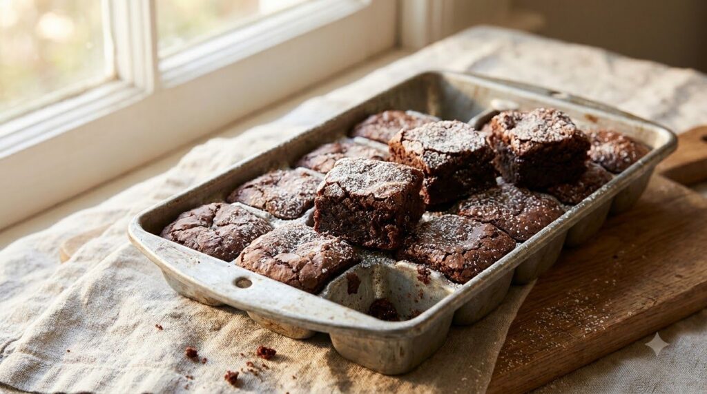 Mini brownie bites baked in an ice cube tray showing rich dark chocolate color and a slightly cracked top Some are duste
