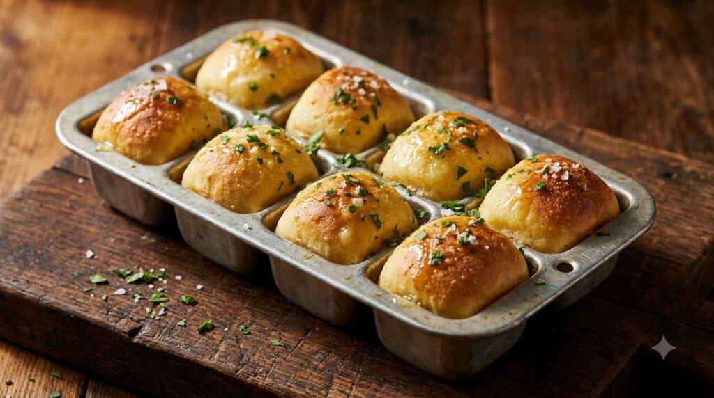 Golden-brown mini garlic bread pull-aparts baked in an ice cube tray glistening with melted butter and sprinkled with fr