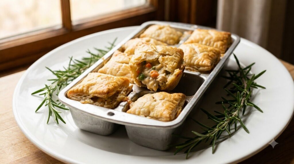 Miniature chicken pot pie bites baked to a golden crust in an ice cube tray The tops are slightly domed and a hint of cr