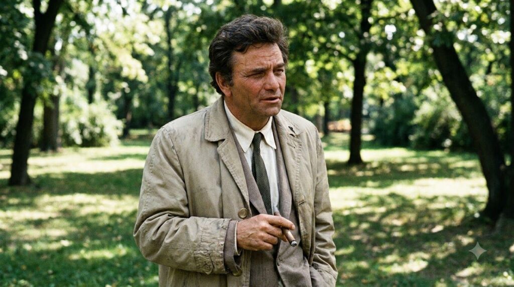 Peter Falk as Lieutenant Columbo wearing his signature trench coat and looking thoughtfully to the side perhaps with a s