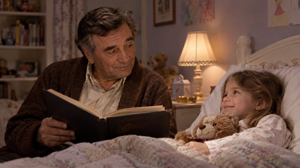 Peter Falk as Grandpa in The Princess Bride reading a storybook to a young boy in bed with a warm comforting expression