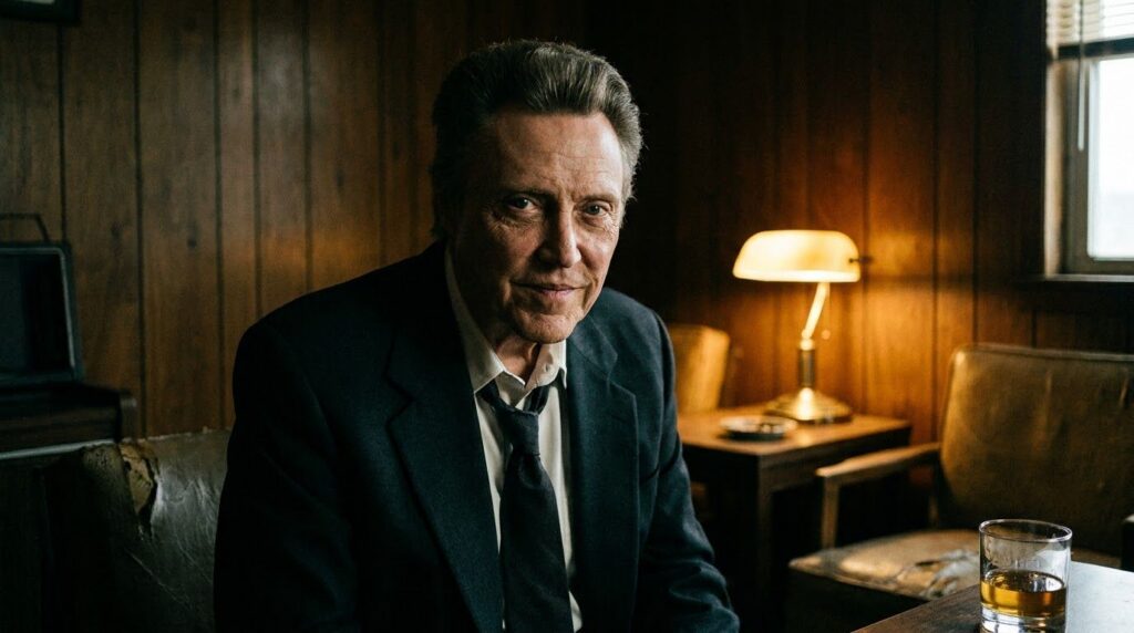 Christopher Walken in a memorable movie scene perhaps from Pulp Fiction or Catch Me If You Can demonstrating his unique