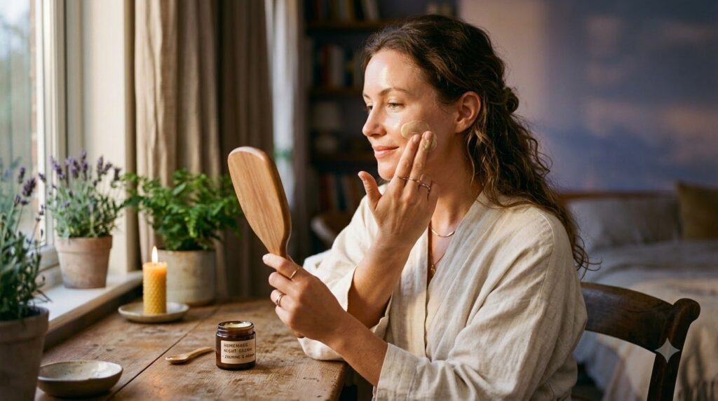 A woman gently applying the freshly mixed Nivea Squalane and Panthenol Gel night cream to her clean face before bedtime 