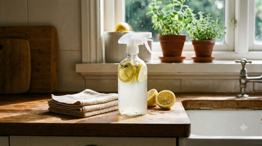 Botella de spray llena de líquido limpiador casero sobre una encimera de cocina con rodajas de limón y un paño de microf