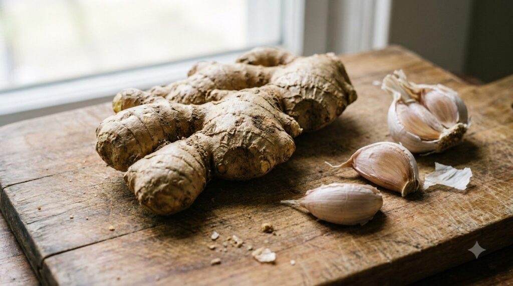 Close-up of fresh ginger root and garlic cloves on a wooden cutting board
