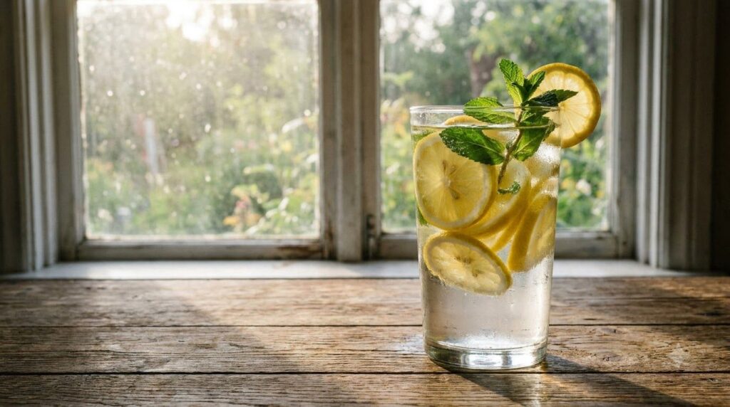 Slices of fresh lemons in a glass of water with a natural background