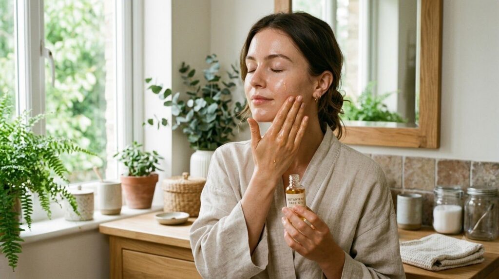 A woman gently massaging a few drops of homemade oil onto her face with a soft glowing complexion in a serene setting