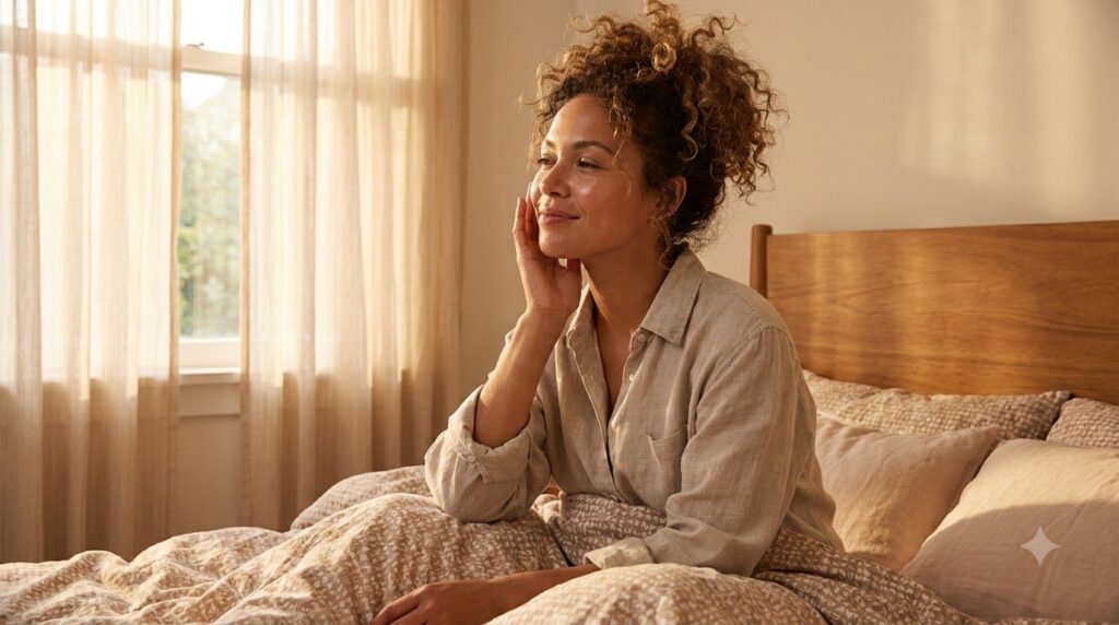 A woman waking up in the morning gently touching her smooth glowing face with soft natural morning light illuminating he