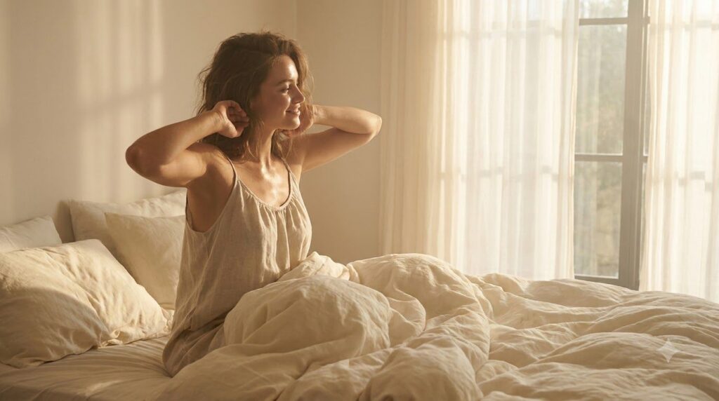 A woman waking up in bed with a radiant dewy complexion looking fresh and happy in the morning light