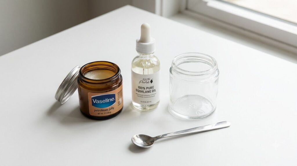 Ingredients for the DIY night balm a jar of Vaseline a bottle of Squalane oil an empty small container and a mixing spoo