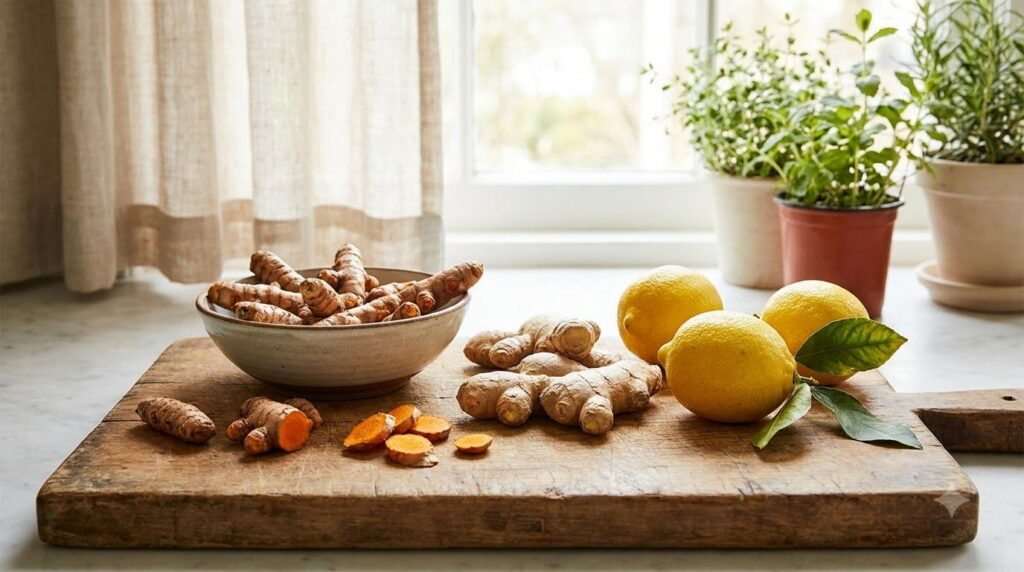 Ingredientes frescos de cúrcuma jengibre y limones en una tabla de cortar de madera sobre un fondo claro