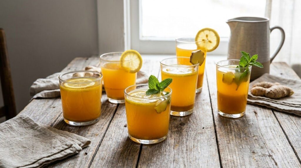 Varios vasos de bebidas doradas sobre una mesa decorados con rodajas de limón jengibre y hojas de menta