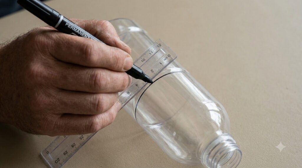 A hand using a marker and ruler to draw a straight line around a plastic bottle indicating where to cut