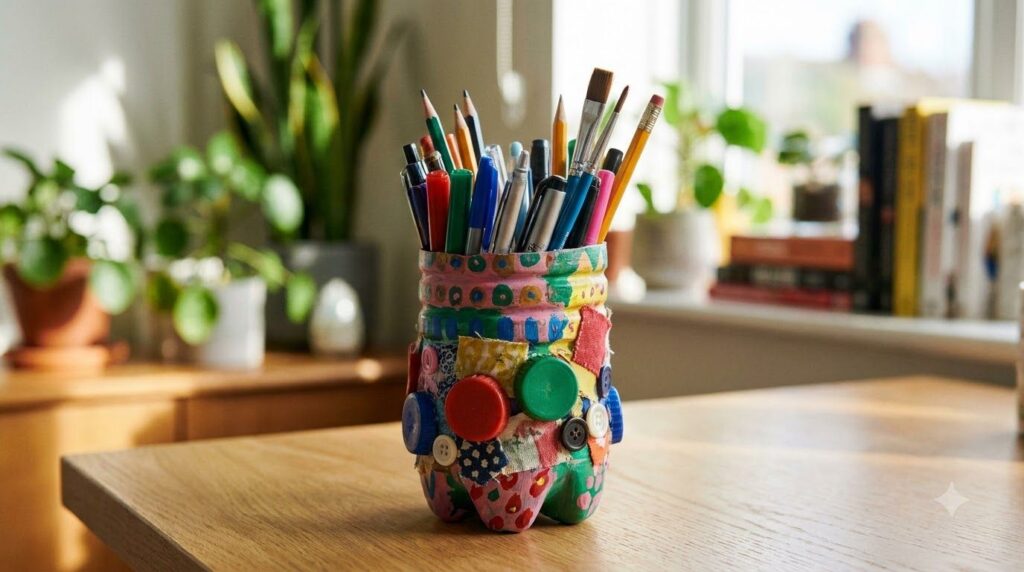 A decorated upcycled plastic bottle pencil holder on a desk filled with pens and pencils