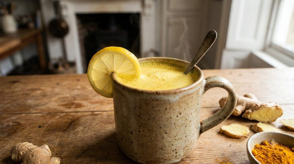 A close-up of a steaming mug filled with golden turmeric lemon and ginger drink with a slice of lemon on the rim and a s