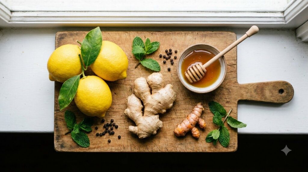 Various fresh ingredients for the turmeric lemon and ginger drink laid out on a wooden cutting board whole lemons ginger