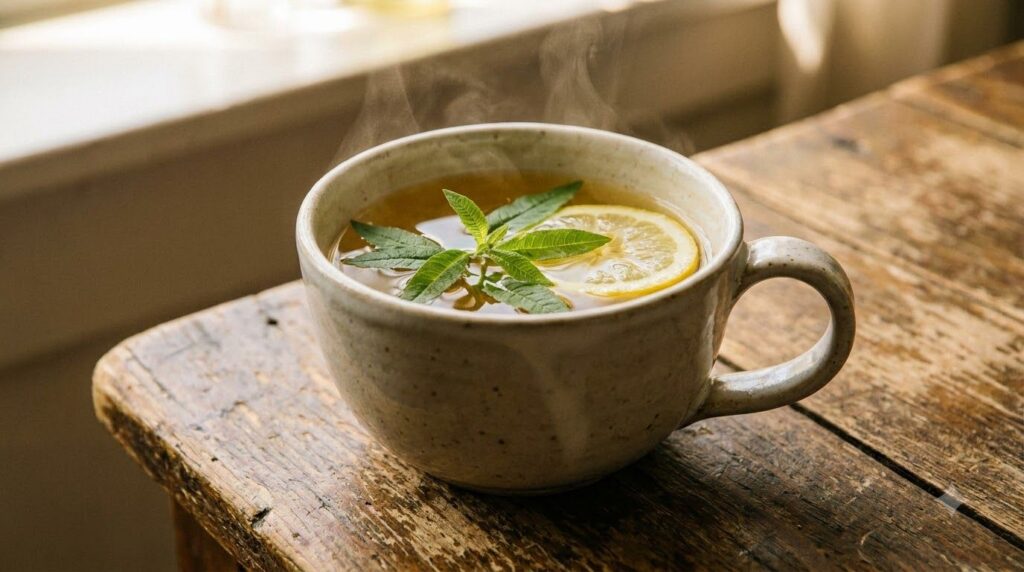 A close-up shot of a steaming mug of hierba luisa tea with fresh green leaves and a slice of lemon floating in it placed