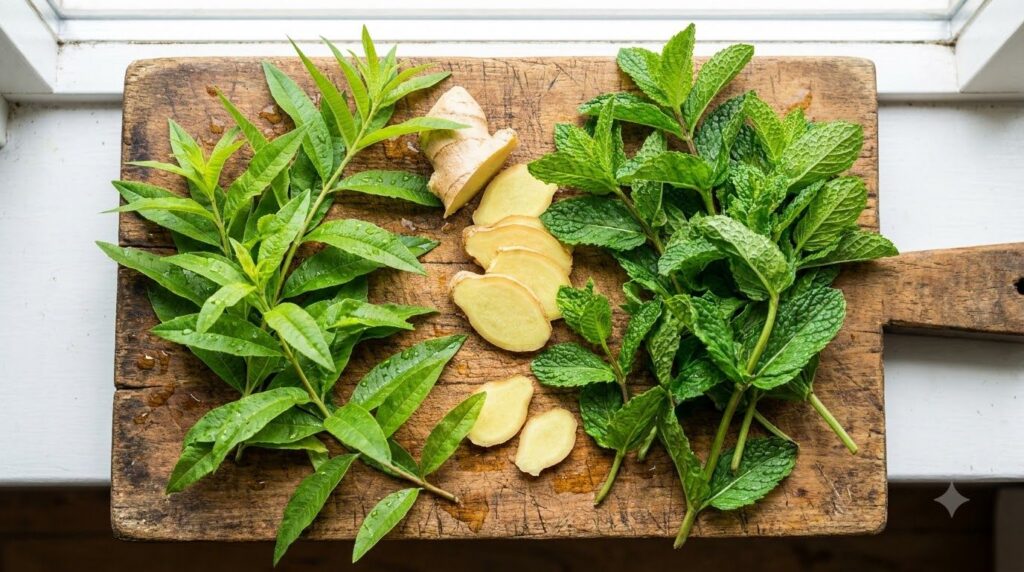 An assortment of fresh herbs including vibrant green lemon verbena mint and ginger slices arranged aesthetically on a wo