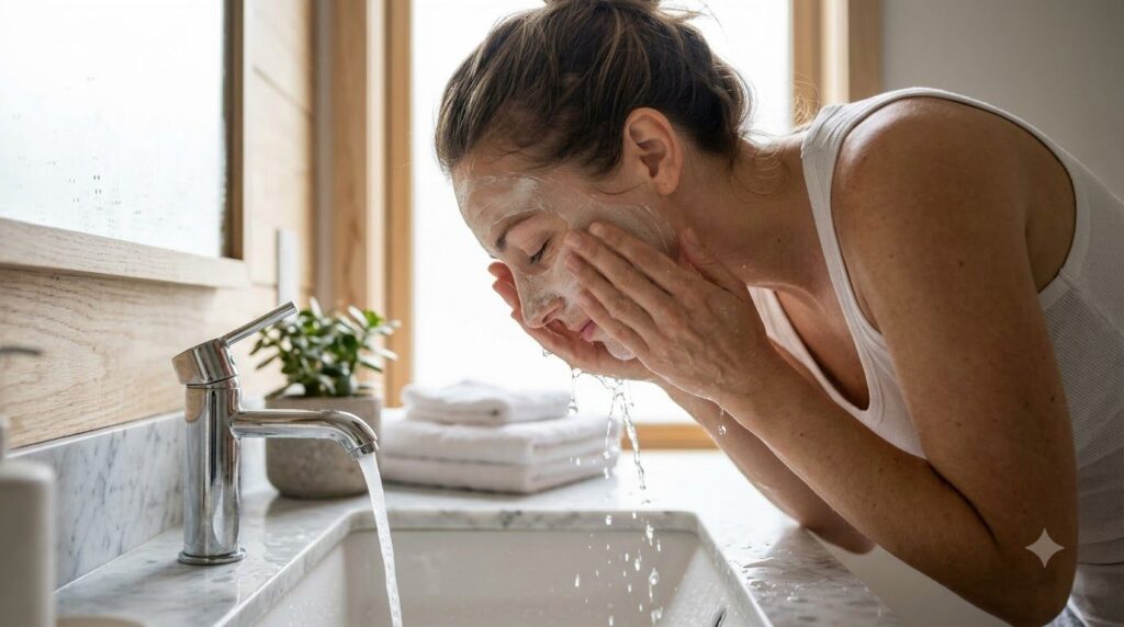 A woman gently rinsing off a face mask from her face at a sink with soft clean water