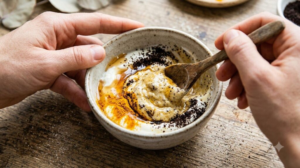 Hands mixing the honey yogurt turmeric and coffee grounds in a small bowl with a spoon creating a creamy paste