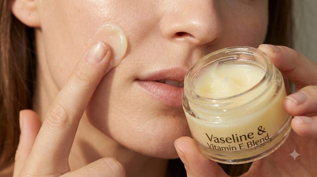 Close-up of a small clear glass jar containing the mixed Vaseline and Vitamin E blend with a finger gently applying the 