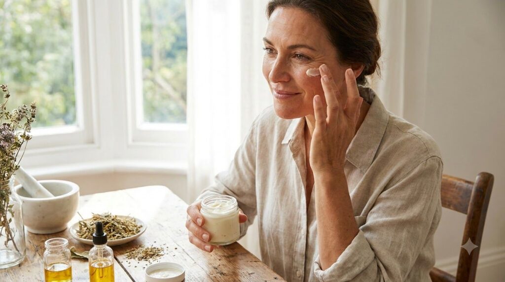 A woman gently applying a homemade cream to her cheek focusing on an area with a dark spot or fine line Her skin looks h
