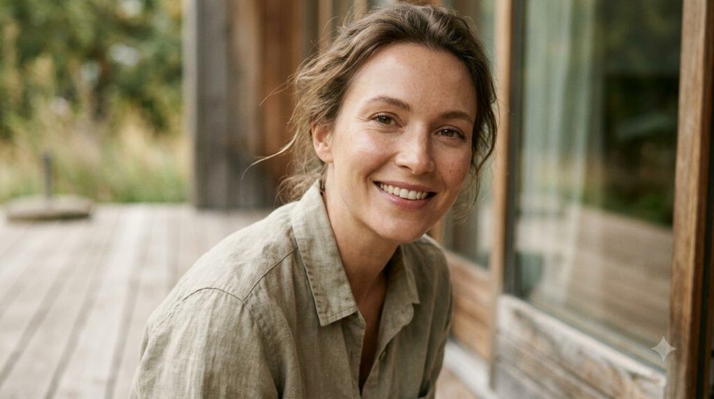 A woman with radiant clear skin smiling demonstrating the effects of a good skincare routine Her skin looks smooth and h
