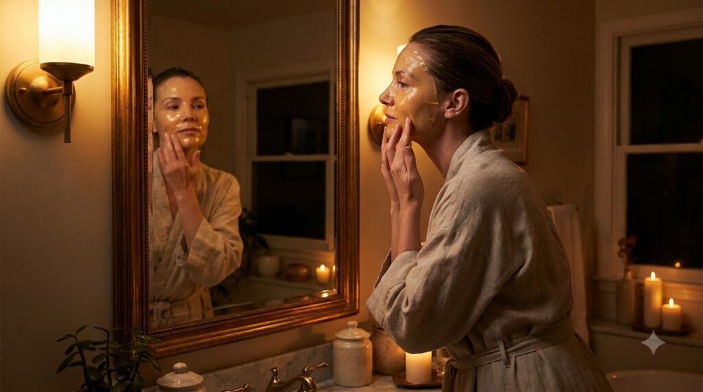 A woman gently applying a golden-colored jelly mask to her face at night in a soft warm bathroom setting