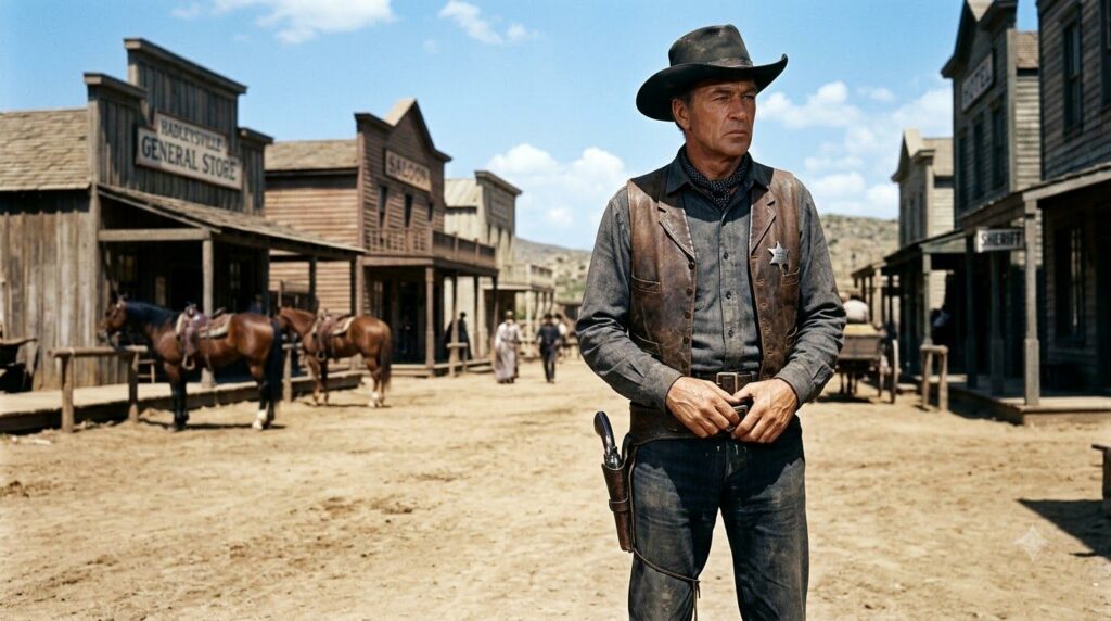 Gary Cooper in a classic cowboy pose perhaps from High Noon showing his understated and stoic demeanor