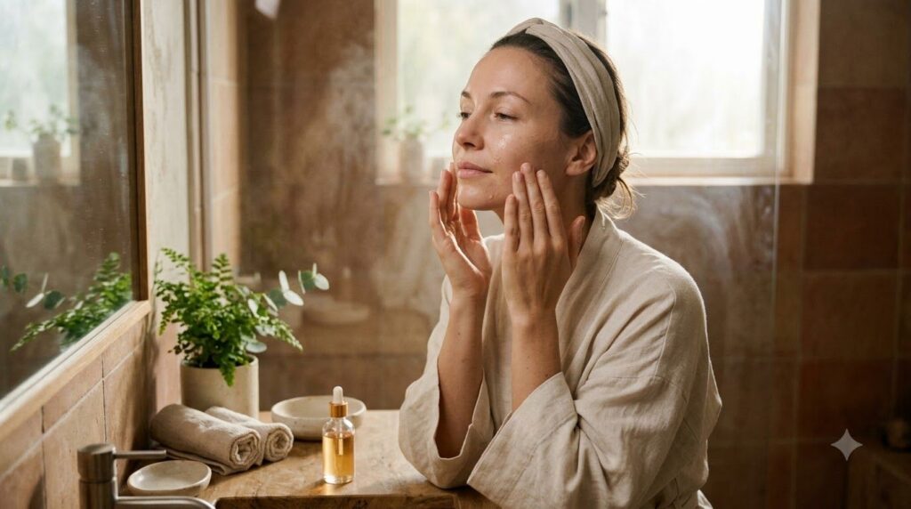 A woman enjoying a moment of self-care perhaps applying a serum or moisturizer with soft natural lighting