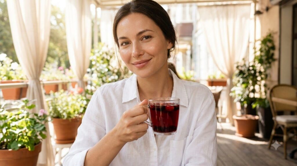 A woman with glowing healthy skin smiling and holding a glass of a berry-colored drink reflecting a sense of well-being 