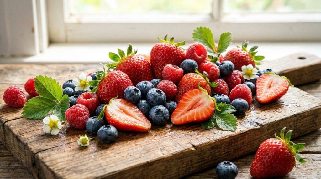A beautiful assortment of fresh ripe mixed berries strawberries blueberries raspberries blackberries neatly arranged on 
