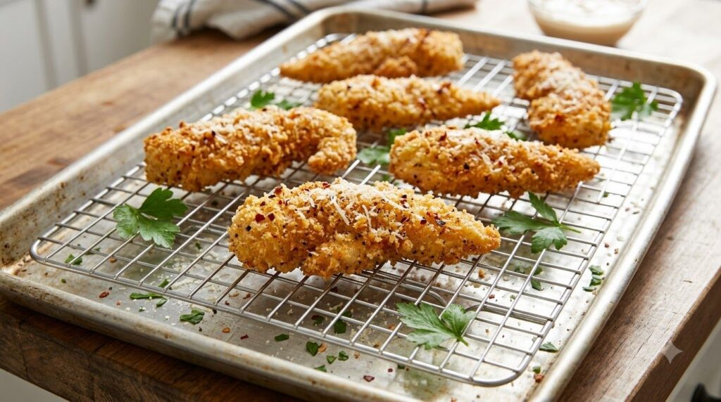 Golden-brown crispy spicy garlic parmesan chicken tenders freshly baked on a wire rack on a baking sheet with a few fres