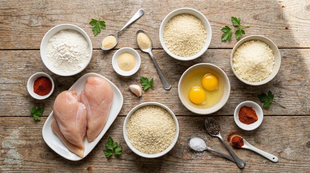 A flat lay of all the fresh ingredients needed for spicy garlic parmesan chicken tenders including chicken eggs flour pa