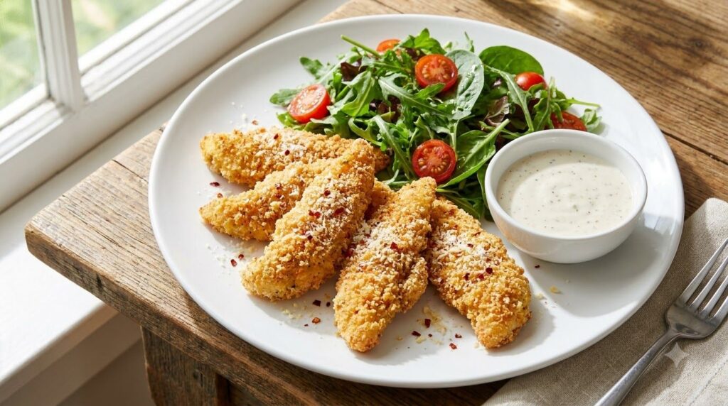 A serving of crispy spicy garlic parmesan chicken tenders with a side of fresh green salad and a small bowl of light ran