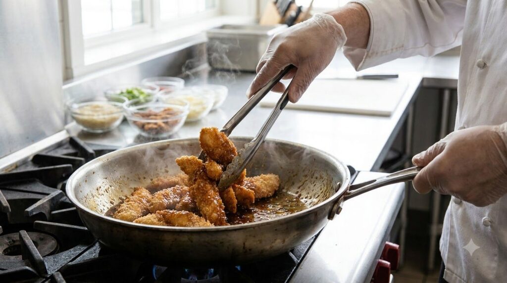 A chef tossing golden crispy chicken tenders in a glossy honey garlic sauce in a large skillet steam rising ready to ser
