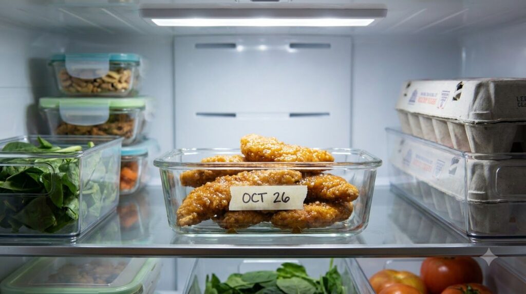 Leftover crispy honey garlic chicken tenders stored in a clear glass airtight container in a refrigerator ready for meal