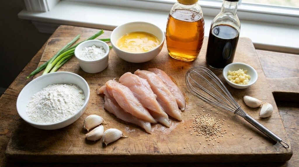A flat lay of fresh ingredients for crispy honey garlic chicken tenders including raw chicken eggs flour honey soy sauce