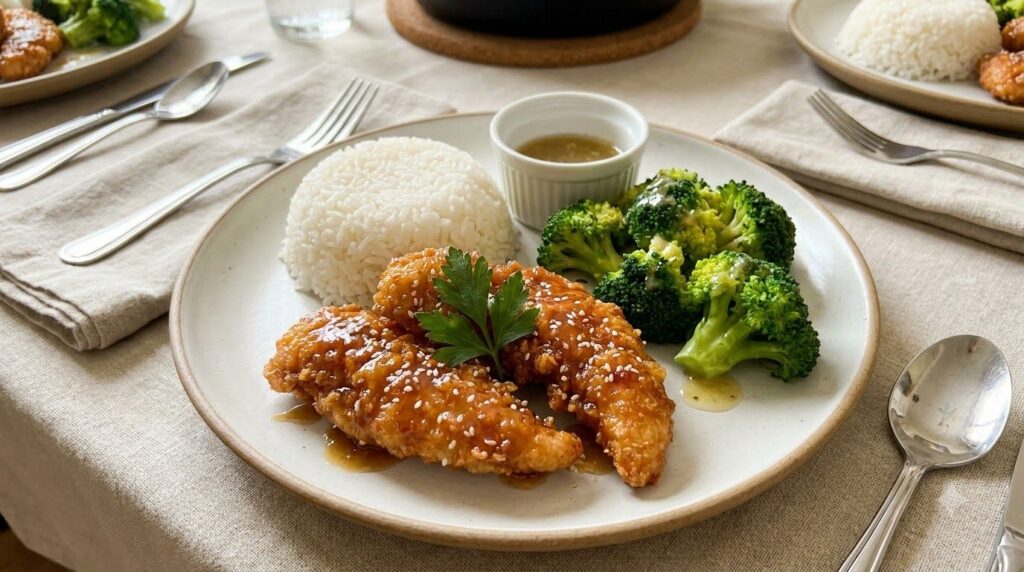 A variety of side dishes including steamed broccoli fluffy white rice and a simple green salad served alongside honey ga