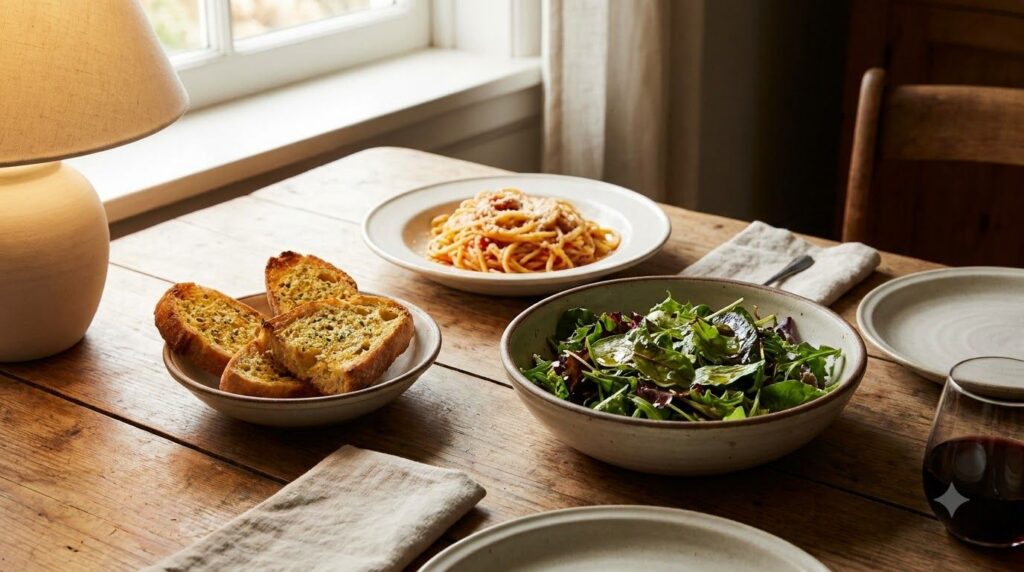 A side of crusty garlic bread and a fresh green salad with a light vinaigrette complementing the creamy garlic shrimp pa