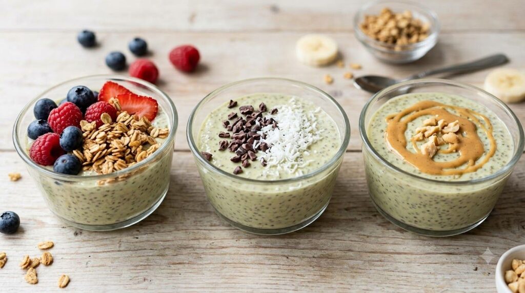 Three small bowls of banana avocado chia pudding each with different toppings one with berries and granola one with caca