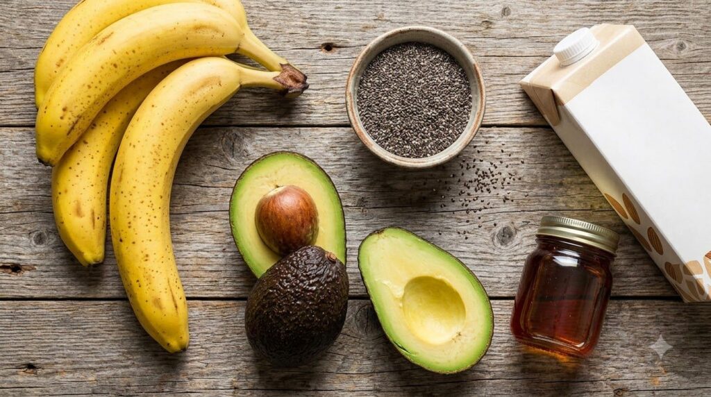 A flat lay of fresh ingredients for banana avocado chia pudding ripe bananas a ripe avocado a small bowl of chia seeds a