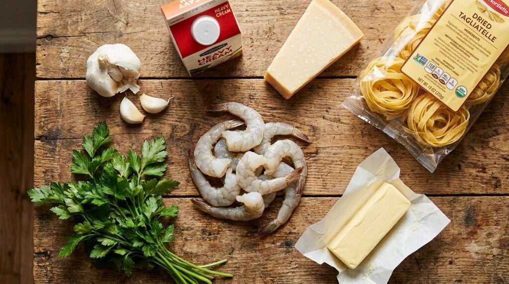 A flat lay of fresh ingredients for creamy garlic shrimp pasta including raw shrimp a head of garlic fresh parsley heavy