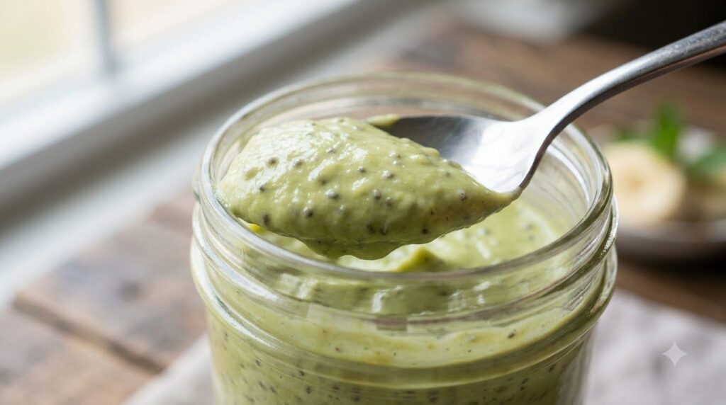 Close-up shot of a spoon scooping creamy banana avocado chia pudding from a glass jar showing its smooth texture