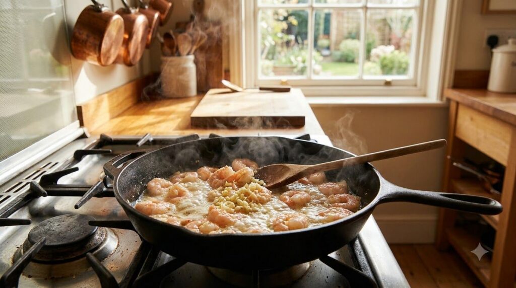 A large skillet on a stovetop filled with shrimp sautéing in butter and garlic steam gently rising