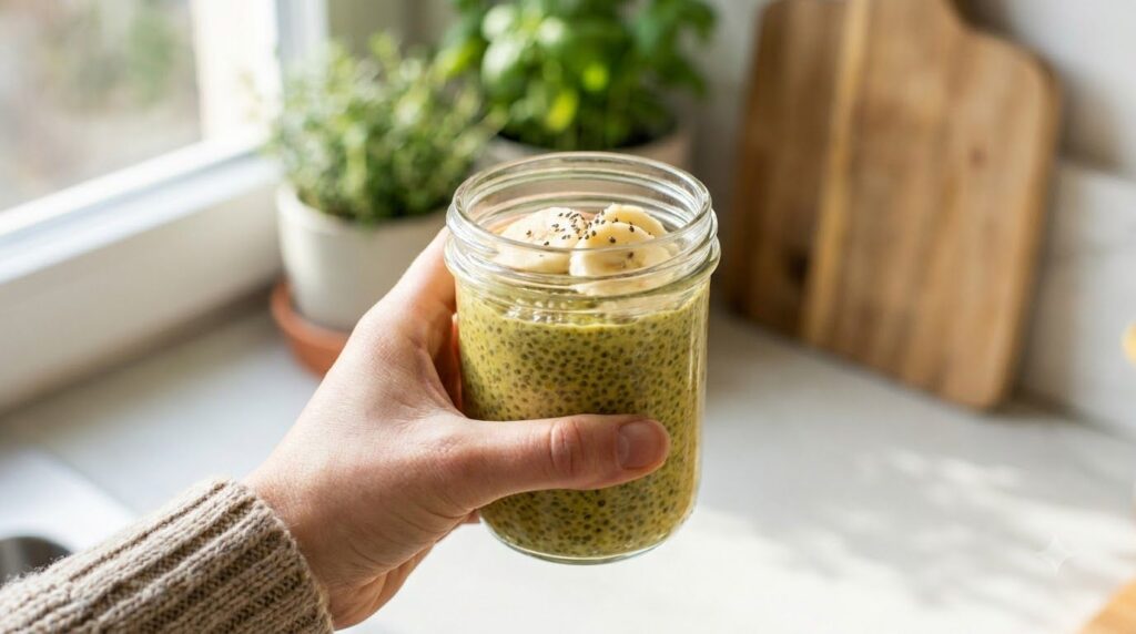 A person s hand holding a glass jar of banana avocado chia pudding with a blurred kitchen background suggesting an easy 
