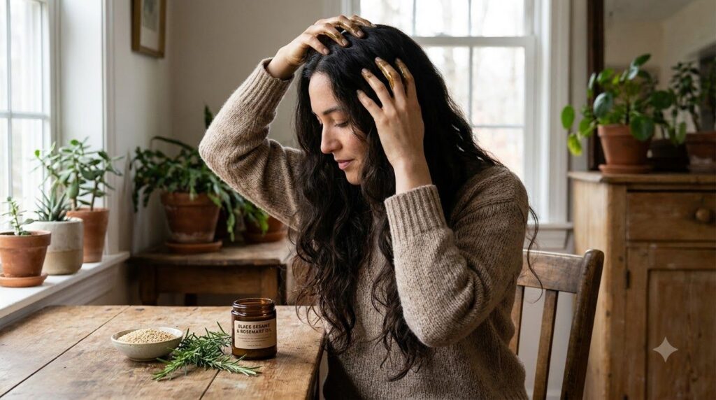 A woman gently massaging dark hair oil into her scalp with healthy lustrous dark hair cascading around her shoulders