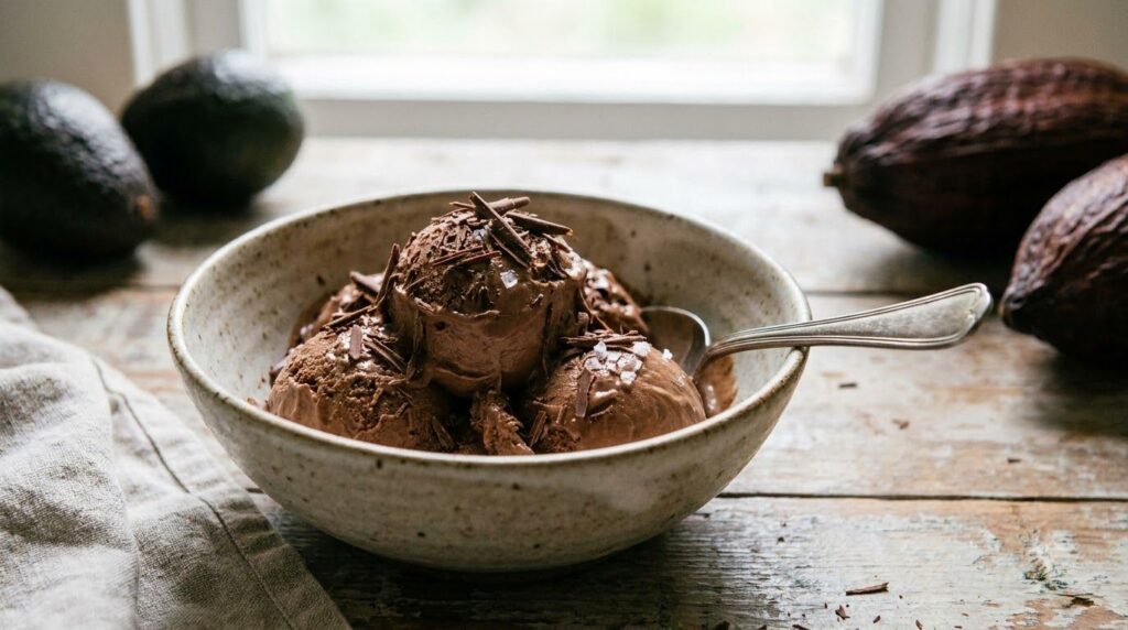 A bowl of chocolate avocado ice cream with chocolate shavings on top
