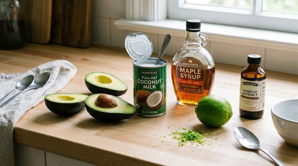 All the ingredients for avocado ice cream laid out on a kitchen counter ripe avocados a can of coconut milk a bottle of 